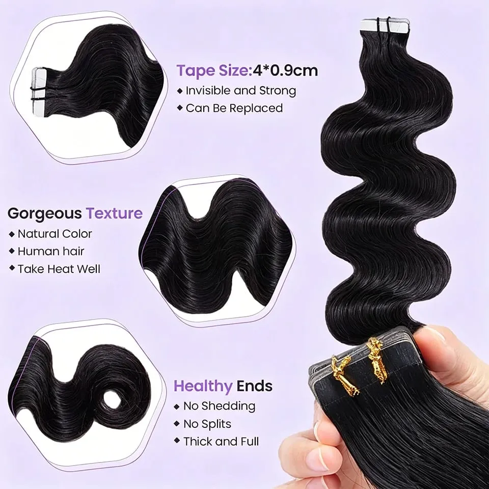 Tape in Hair Extensions Human Hair Body Wave Natural Black Reusable Double-Side Seamless Extension Human Hair 50G 20 PCS/pack — image 2
