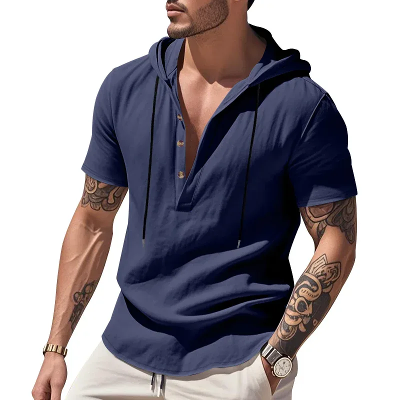 Hoodies men's sweatshirt 2026 summer linen hooded beach casual drawstring short-sleeved T-shirt sweatshirt man's clothing