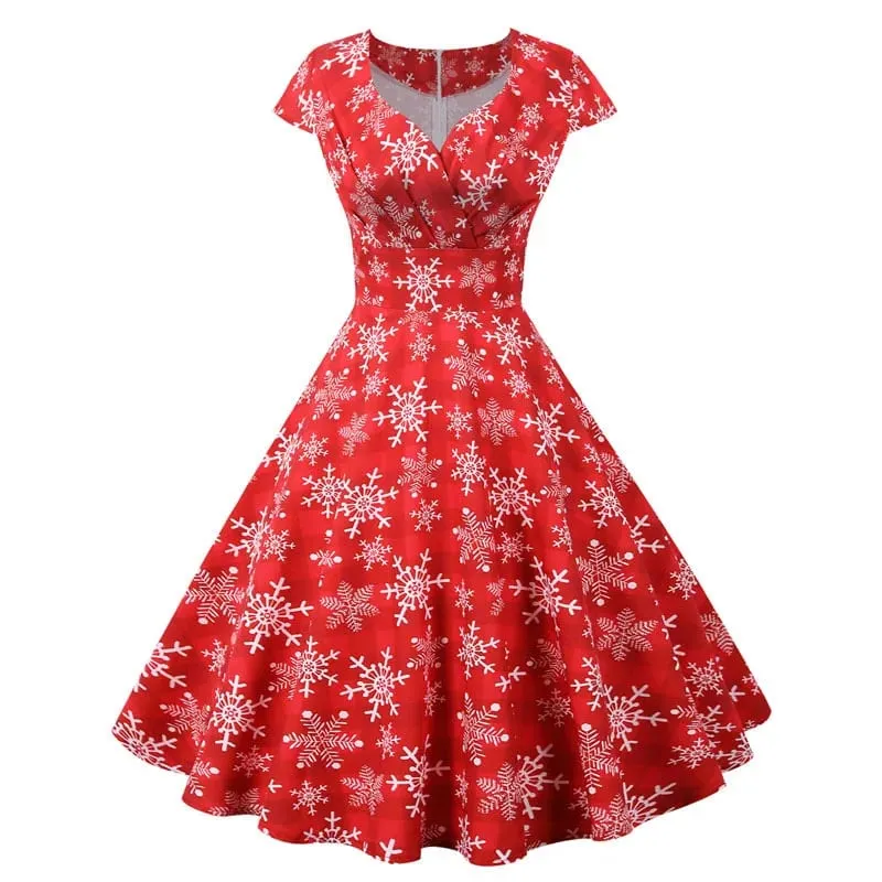 Moda decote em V manga curta estampado vestido de Natal grande balanço vintage elegante vestido de festa de Natal — image 2