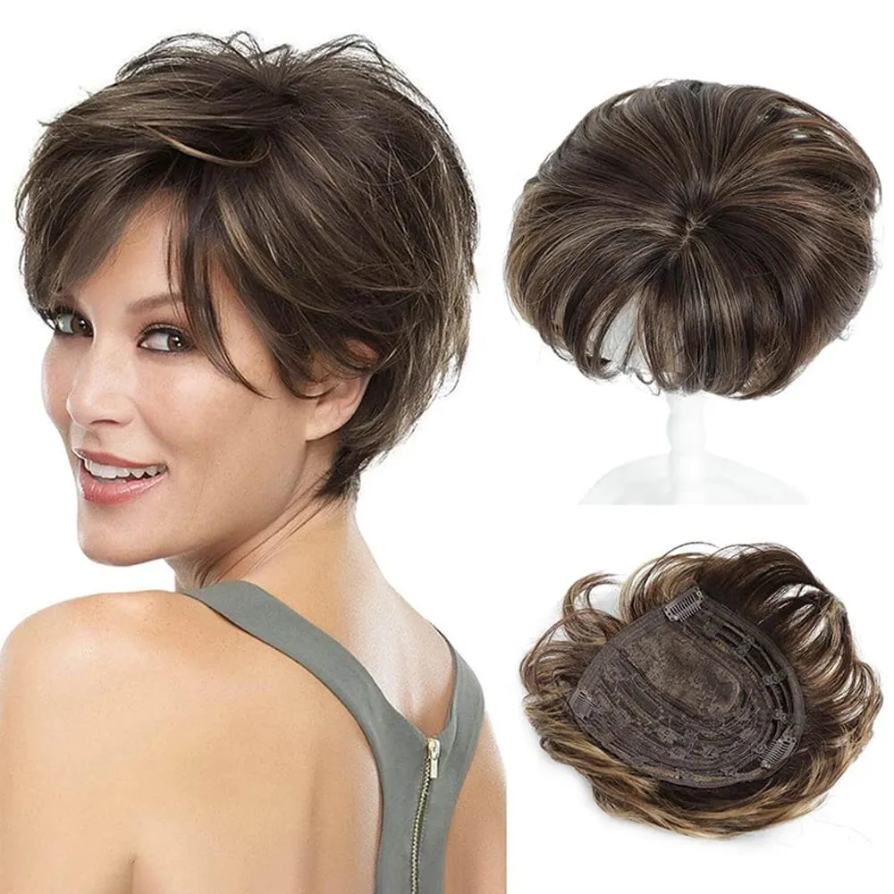 Synthetic 6inch Short Straight Topper Hairpiece Clip in Hair Extensions Natural Fluffy Head Top Hair Piece Replacement Cover — image 3