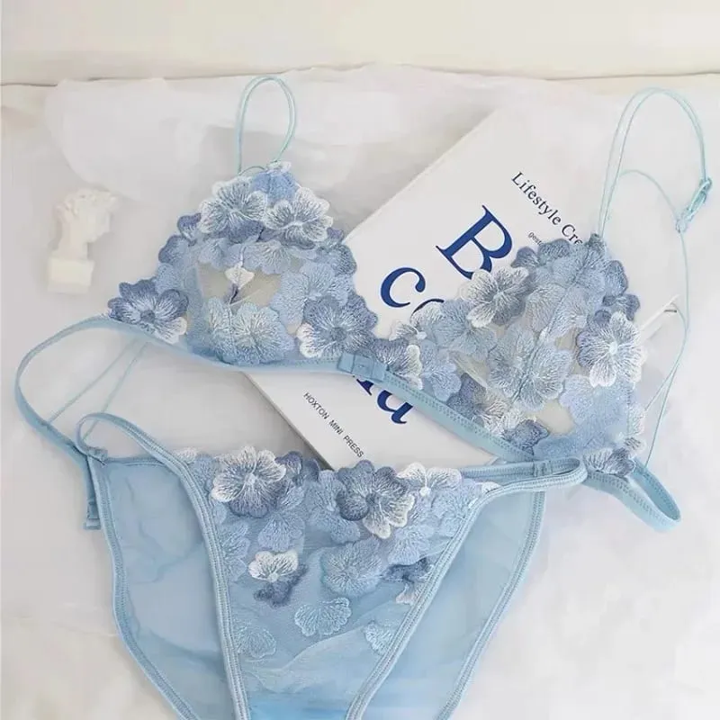 French Triangle Cup Bralette Embroidered Lace Wireless See Through Hollow Out Sexy Pure Desire Lingerie Set MOYISU Sexy Tushy — image 6