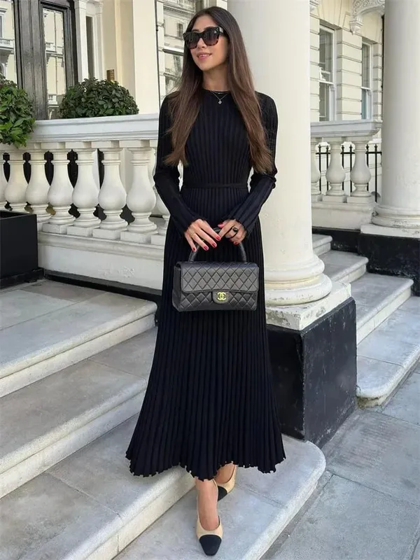 Tossy vestido feminino de malha com cadarço, maxi vestido outono cintura alta moda patchwork manga comprida solto vestido sólido bandagem vestido de malha — image 7