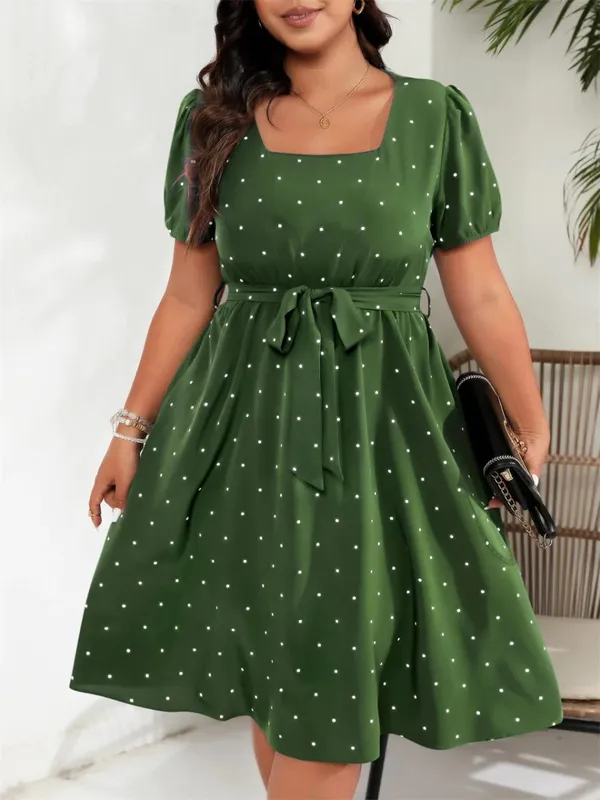 Vestido feminino plus size, gola quadrada, bolinhas, cinto, elegante, retrô, manga bufante, cintura alta, verão, linha a, vestidos grandes — image 4