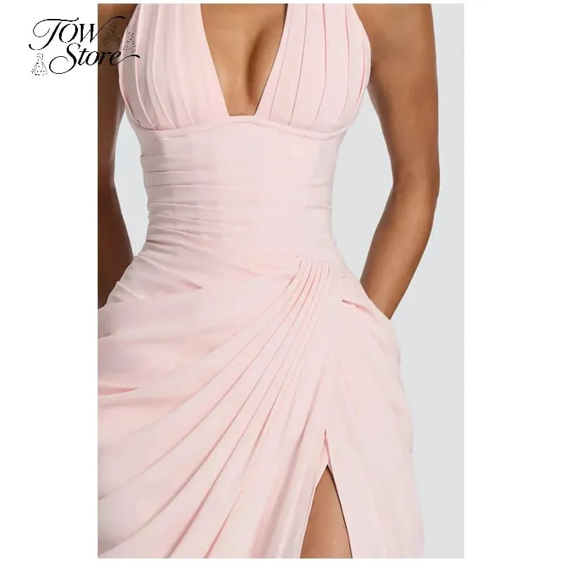Elegant Solid Pleated Halter Women's Dress Fashion Sleeveless Backless Waist-cinching Split Maxi Dresses Summer Party Gowns 2026 — image 7