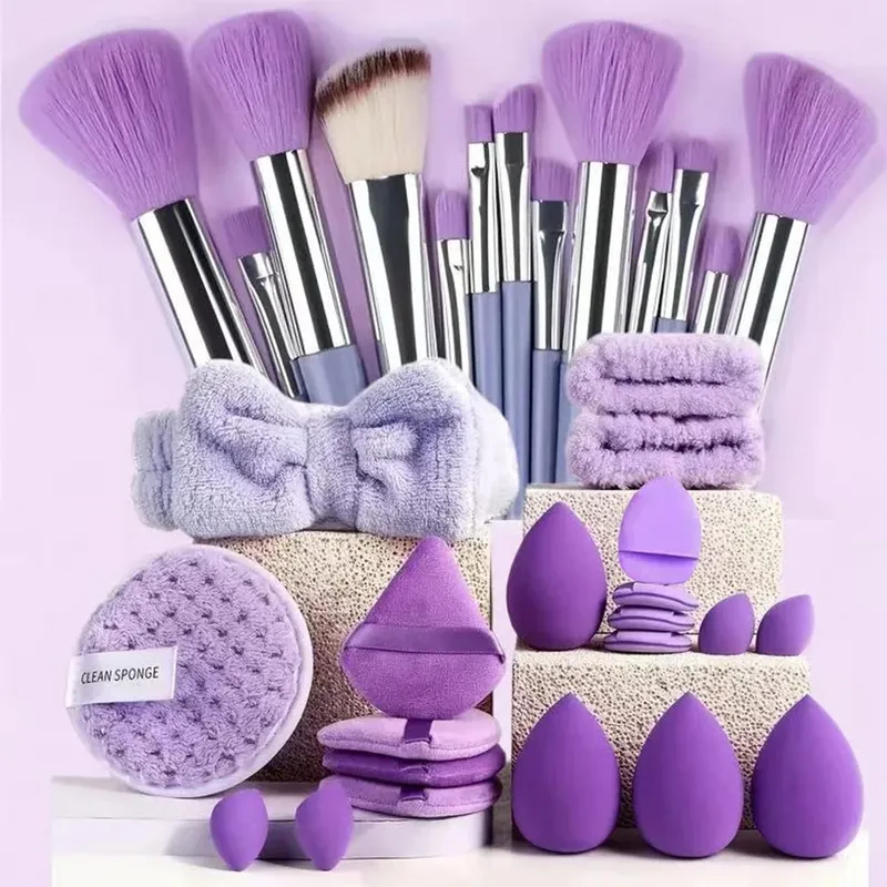 Makeup Brushes and Sponges Set Purple Makeup Puff Beauty Egg Headband Wristband Remover Kit Makeup Tool Gift 20-28pcs