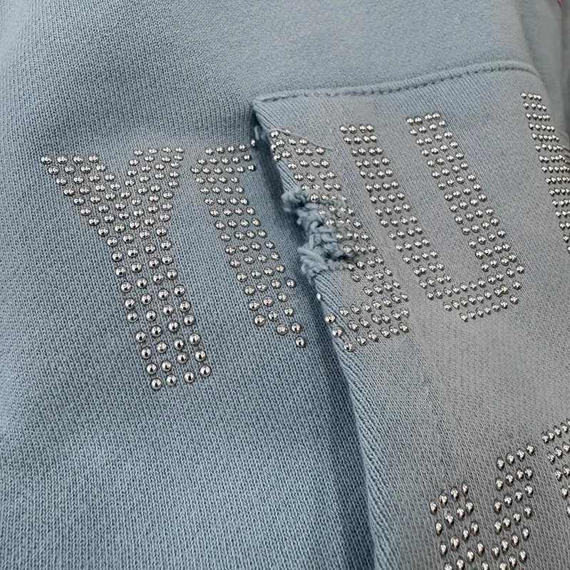 Light Blue PALY Letter Crystal Hoodie Ripped Washed Fashion Patch High Street Casual Men Women 1:1 Zipper Sweatshirts — image 7