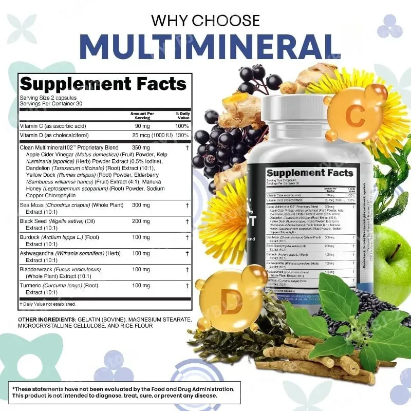 Sea Moss Capsules Contain Black Seed Turmeric & Vitamin D Plant-Based Daily Mineral All in One Supplement 60 Count Per Bottle