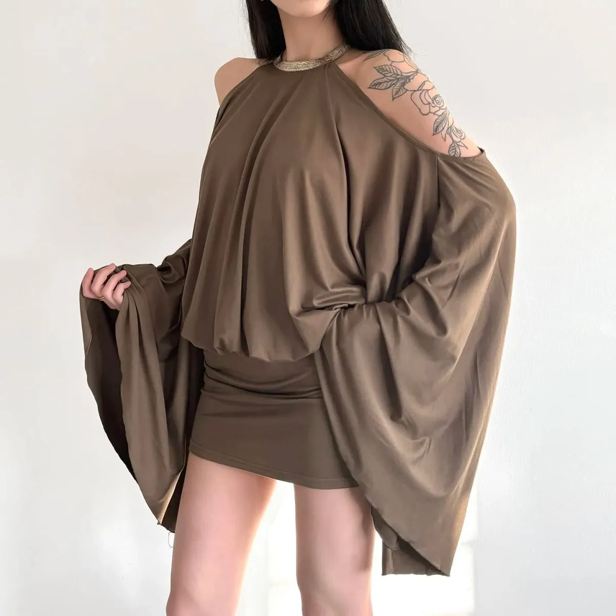 Novo estilo europeu e americano menina quente sem alças mochila hip sexy solto manga morcego vestido design halter pescoço saia — image 6