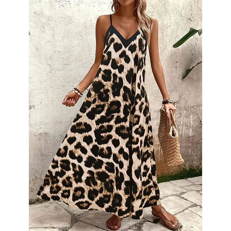 2026 New Women Leopard Print Spaghetti Strap Maxi Dress Sleeveless V Neck Casual Long Dresses Summer Beach Vacation Outfit — image 2
