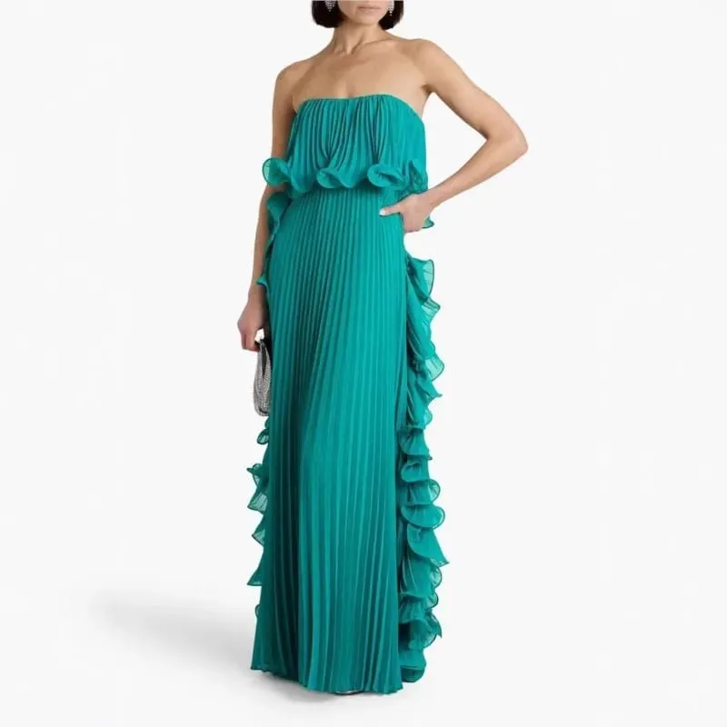 Vestido feminino da moda para férias de verão, laranja, plissado, chiffon, longo, formal, feito sob encomenda, com babados, sem alças, vestido de festa na praia — image 3