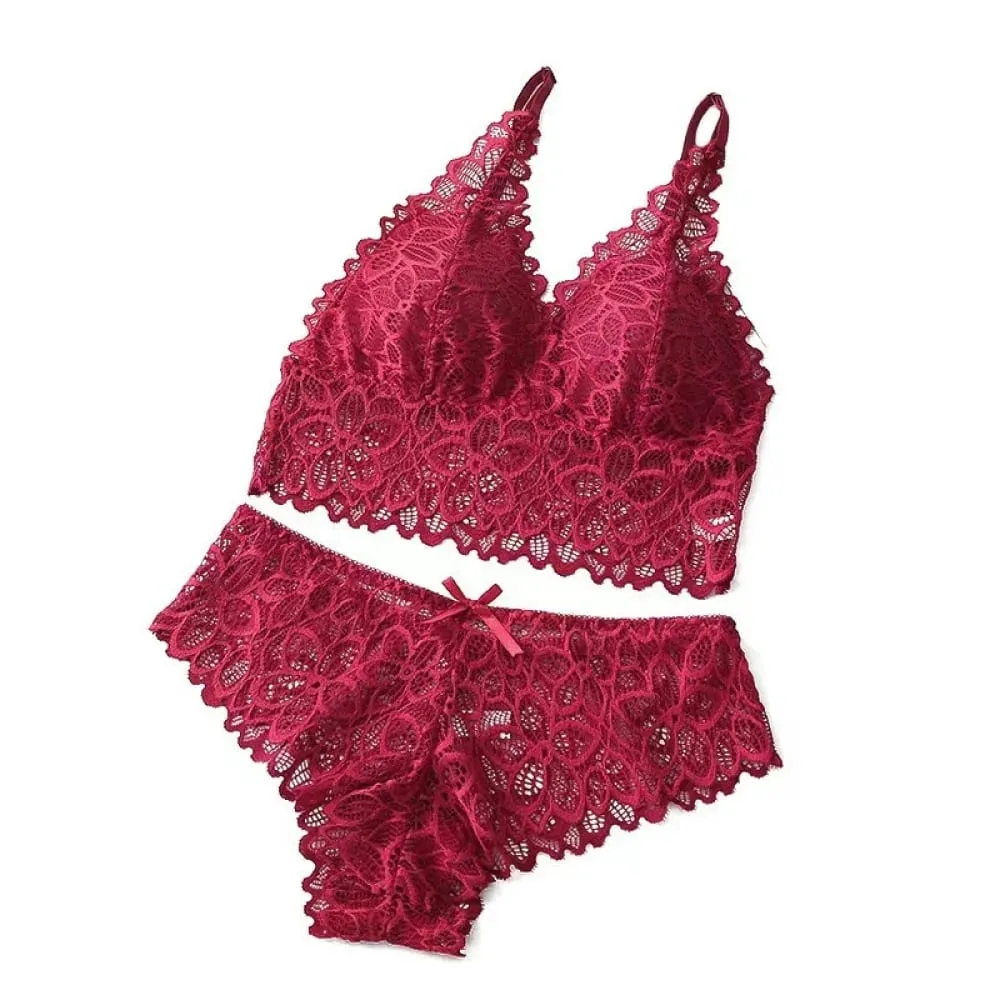 French Style Lace Lingerie Set Wireless Bra Panty Sexy Breathable Thin Cup Underwear Comfortable Gathered Intimate Wear — image 3