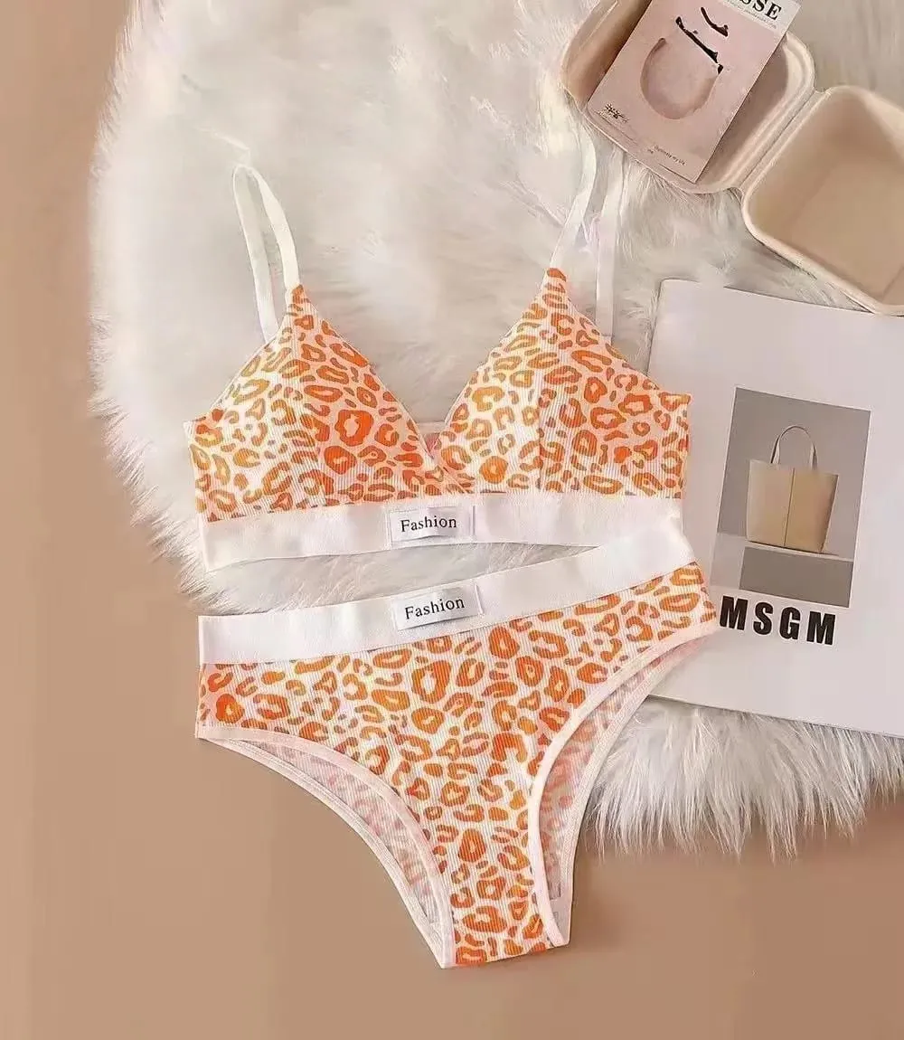 Low Waist Leopard Print Bra and Panty Lingerie Set Comfortable Daily Wear Soft Underwear Two Piece Intimate Apparel