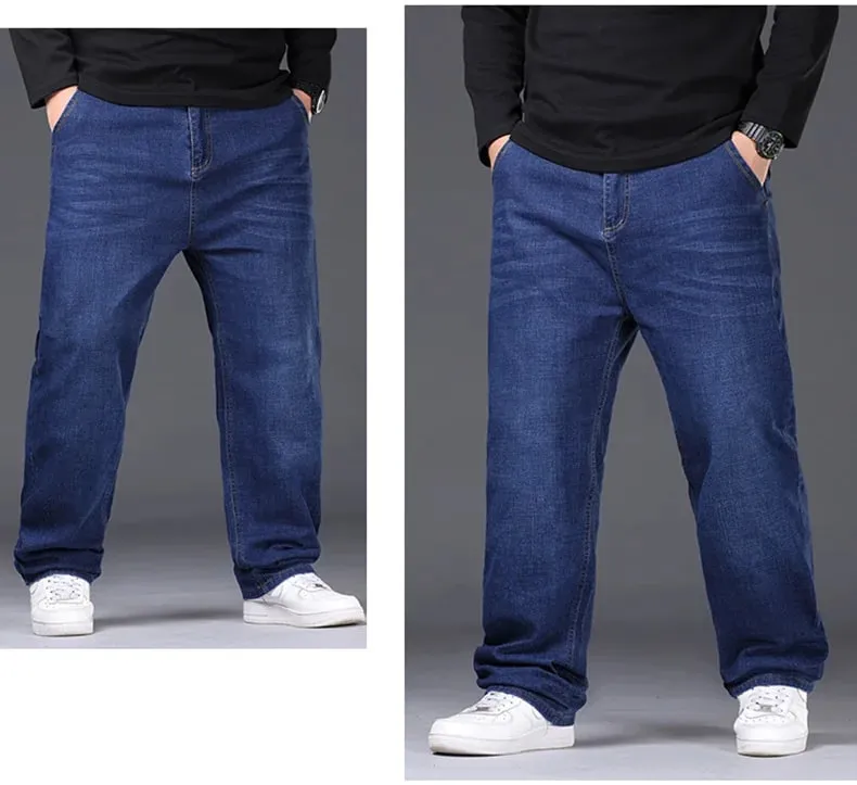 29-50 Sizes Men's Stretch Jeans Straight Leg Denim Pants Extended Sizing Blue Black Streetwear Relaxed Fit For Work Casual New