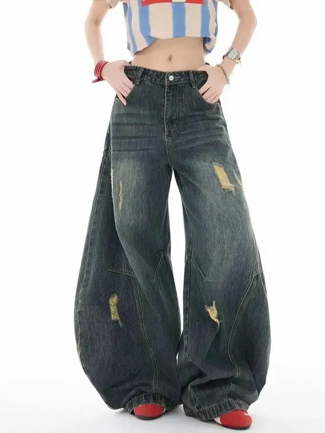 Retro-Style Curved-Leg Jeans Unisex Relaxed Fit Patchwork Soft Durable Women Men Versatile Washed Wide-Leg Pants — image 4