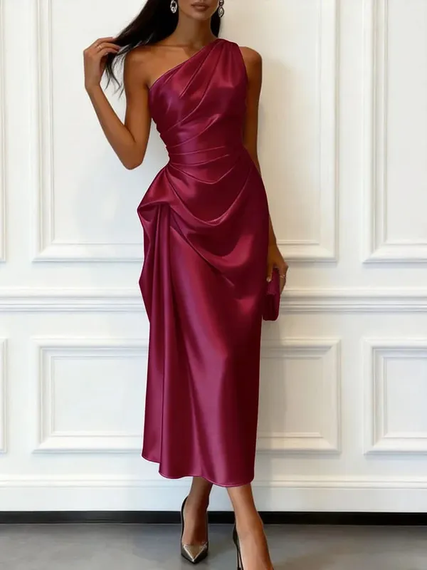 Women Slanted Neck Draped Summer Long Dress Simple Solid Sleeveless Commuting A-line Dresses Satin Asymmetric Slim Evening Dress — image 6