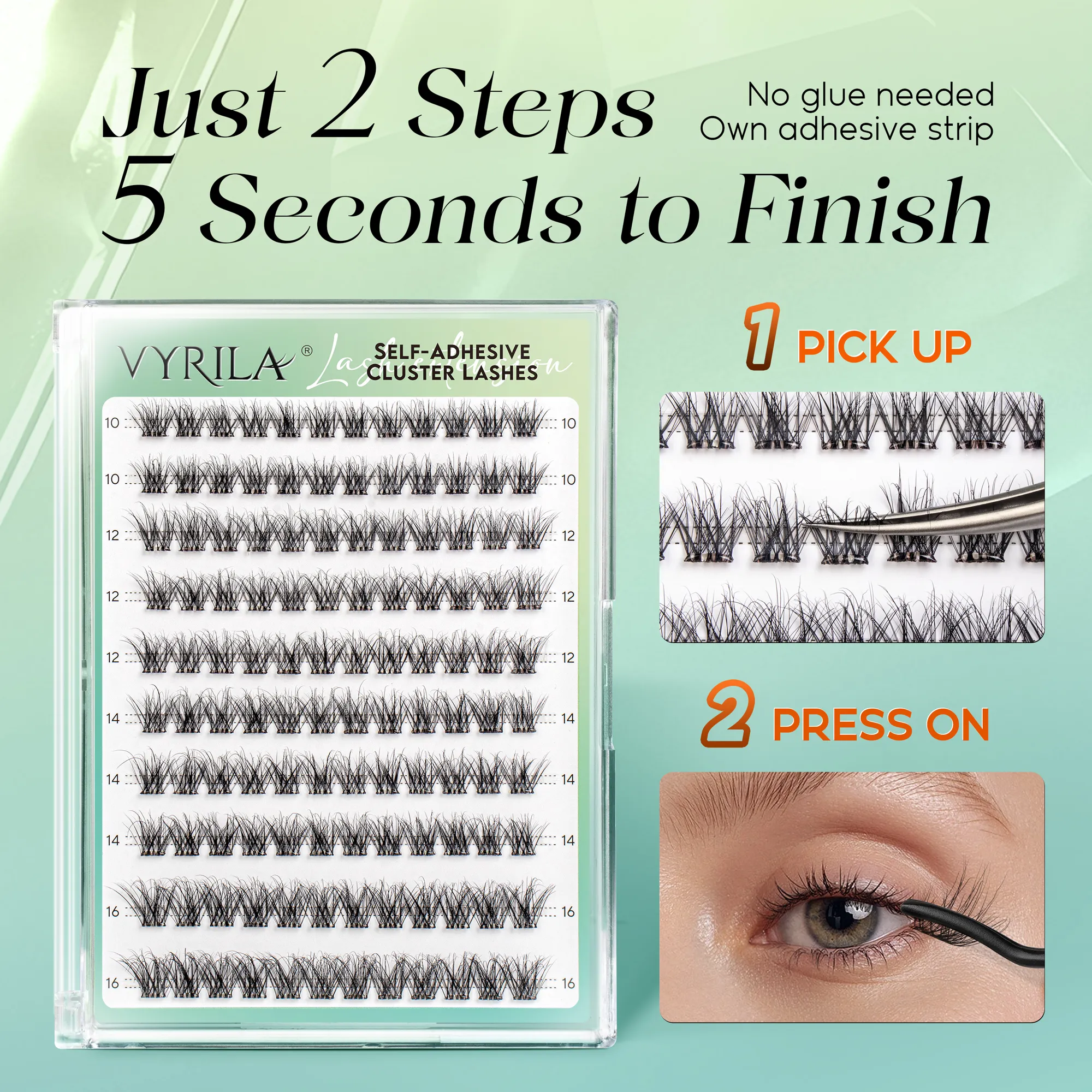 Self Adhesive Eyelashes No Glue Needed Lashes 10‑16mm Pre Glued Cluster Lashes D Curl Soft Natural Press on Lashes — image 5