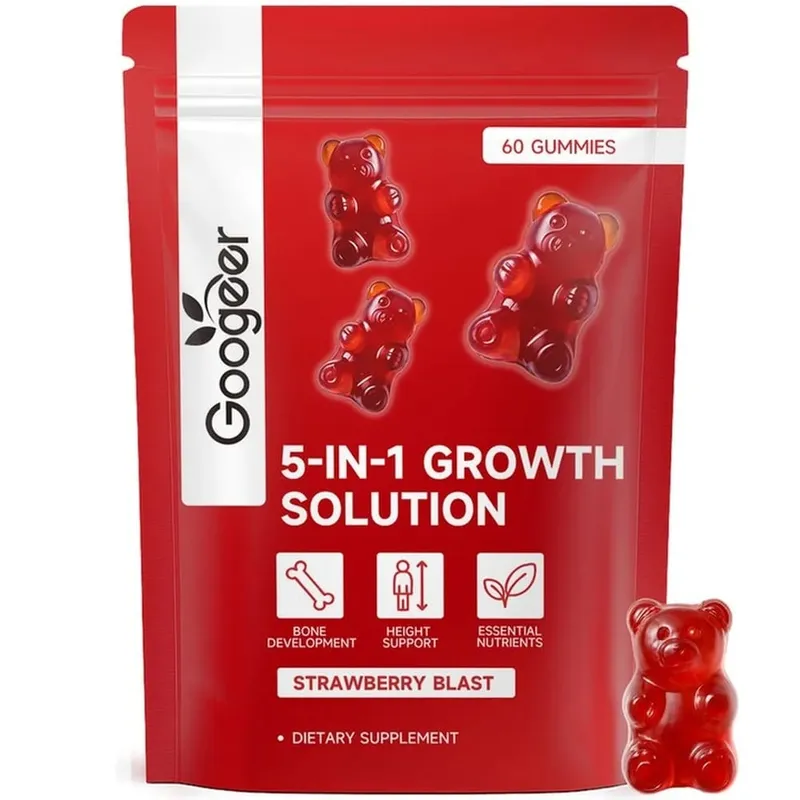 Googeer 5-IN-1 Growth Solution Gummies for Bone Development & Height Support Vitamin D3 K2 Calcium Strawberry Blast 60 Gummies