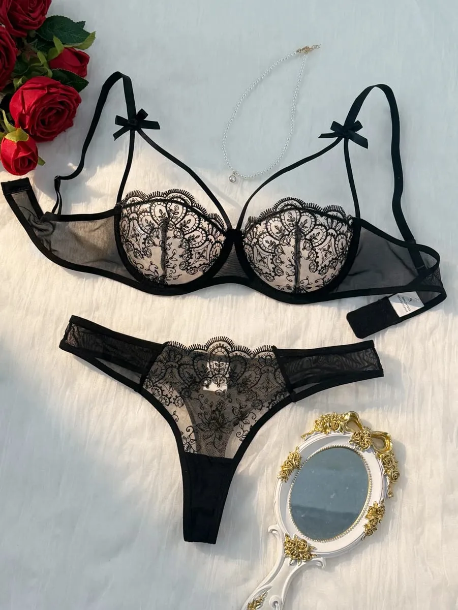 2 pirasong Pambabaeng Lingerie Sets Pambabaeng Berde Komportable Magaang Bow Semi Transparent Lingerie Set