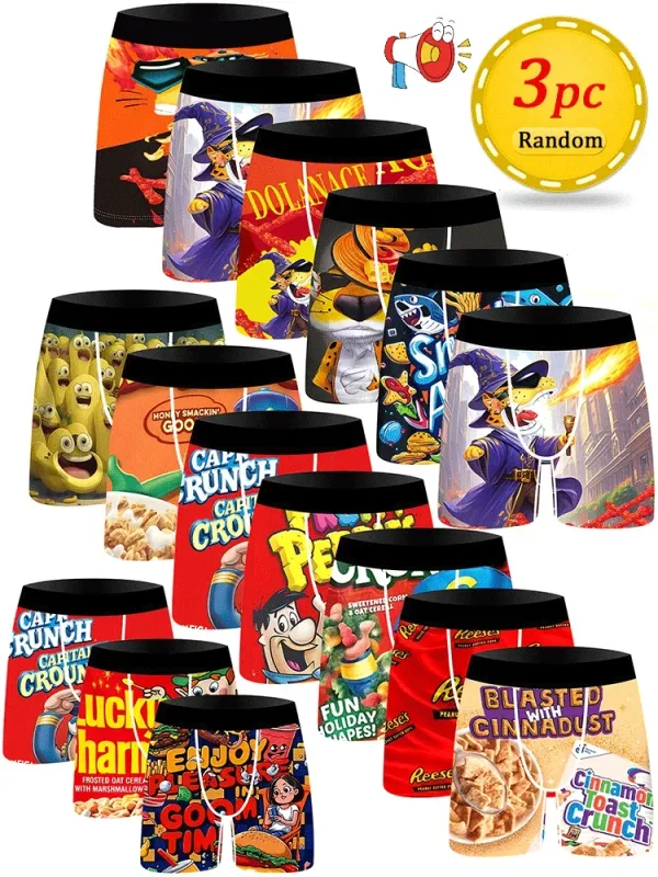 3 db Random Snack Rajzfilm mintás Férfi Alsónadrág Ice Silk Cool Gyorsan száradó és lélegző férfi fehérnemű