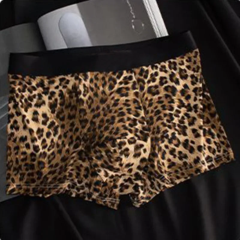 Mens Ice Silk Underwear Shorts Convex Pouch Flat Boxers Leopard Quick Dry Male Underpants Seamless Breathable Swimming Trunks