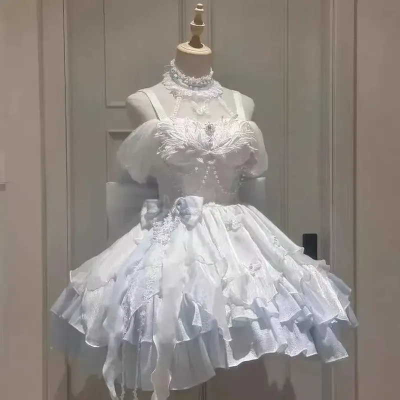 Gotisk Röd Lolita JSK Klänning Dam Spaghetti Band Volang Tyll Kjol Kedja Rosett Dekor Hög Låg Fåll Vintage Princess Festklänning — image 12