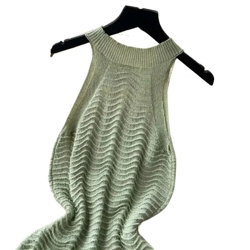 Grön genomskinlig Halter Neck Miniklänning Dam ärmlös vågig texturerad Solklänning Stretchy Stickad Bodycon Sommar Festklänning — image 6