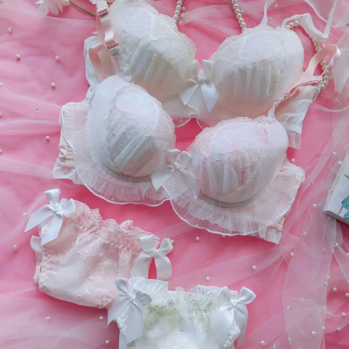 Pagbuburda manipis na seksyon ruffled underwear girls sweet and lovely lingerie breifs sets tatlong buckle gathered ladies bra set — image 2