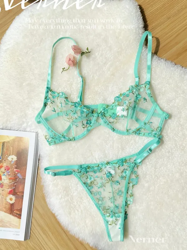 Transparent Floral Lace Embroidery Bra Set Summer Thin Minimizer Underwear Soft Breathable Full Bust Female Home Daily Wear S-XL
