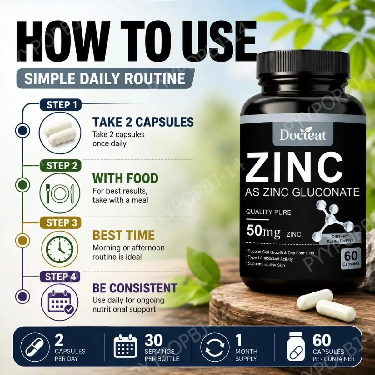Docteat Zinc Bilang Zinc Gluconate Capsules 50 Mg Zinc Bawat Serving Immune Support Antioxidant Activity Malusog na Balat 60 Capsules — image 6