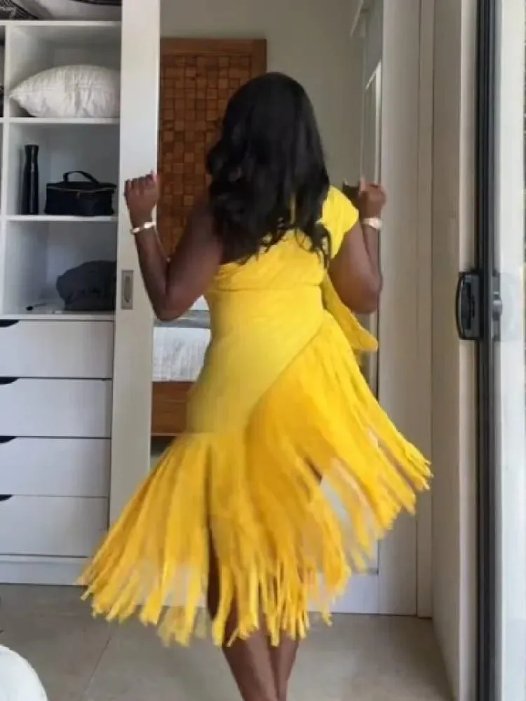 Fashion Yellow Knitted Irregular Dress Women Elegant Hollow Out Tassel Splicing Halter Sleeveless Vestido Summer Lady Club Gowns — image 5
