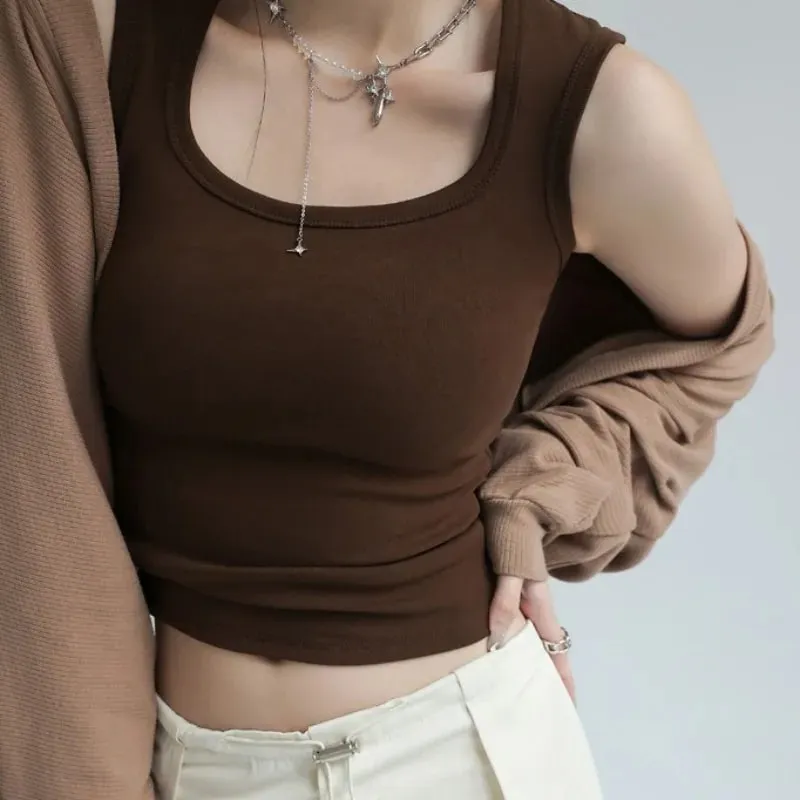 Women's Solid Color Wide Strap U-Neck Sleeveless Tank Top Summer Slim Fit Casual Basic Inner Wear Streetwear Vest — image 5