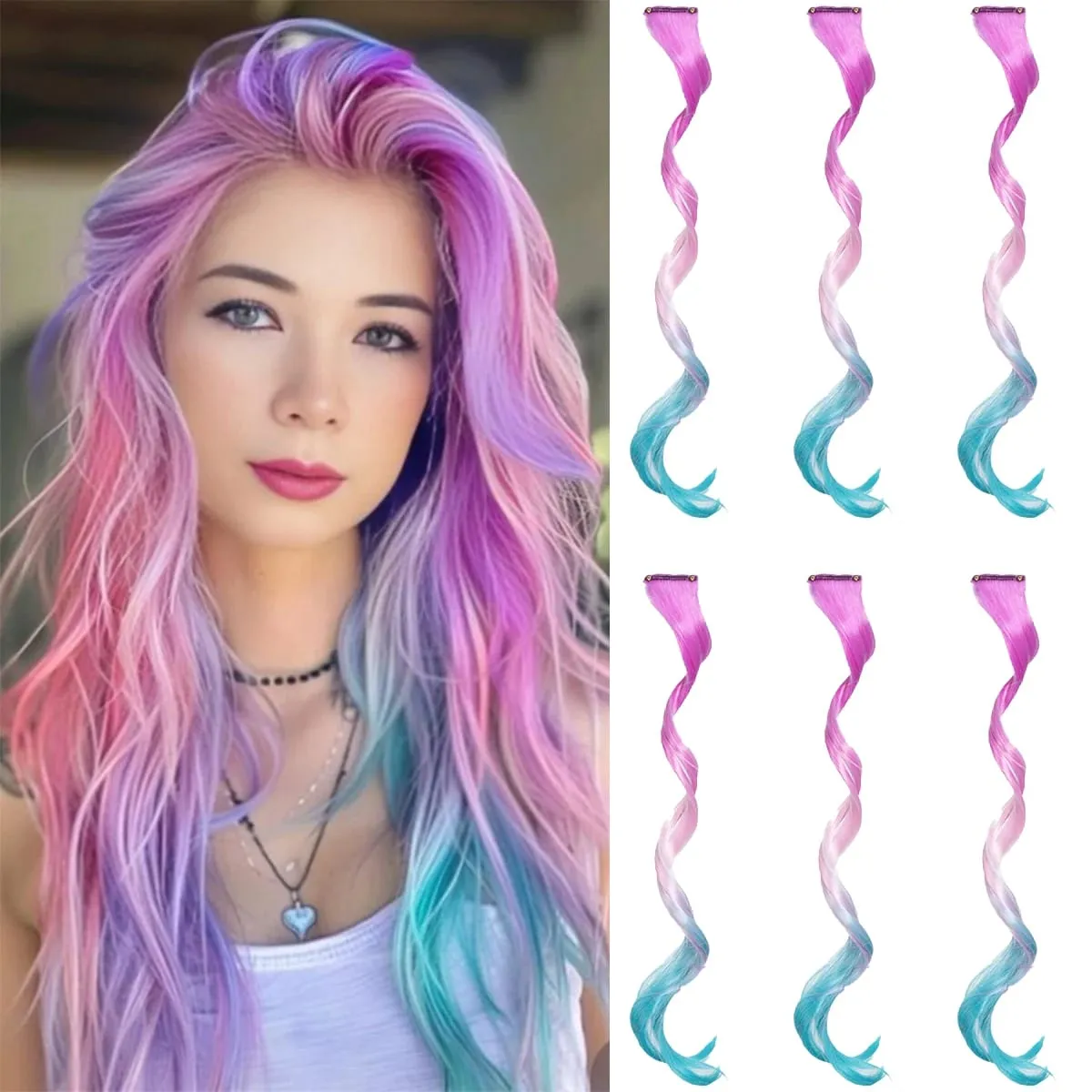 6PCS Ombre Clip In Hair Extensions Synthetic Body Wave Long Wavy Rainbow Highlight For Women Party Cosplay Festival Hair
