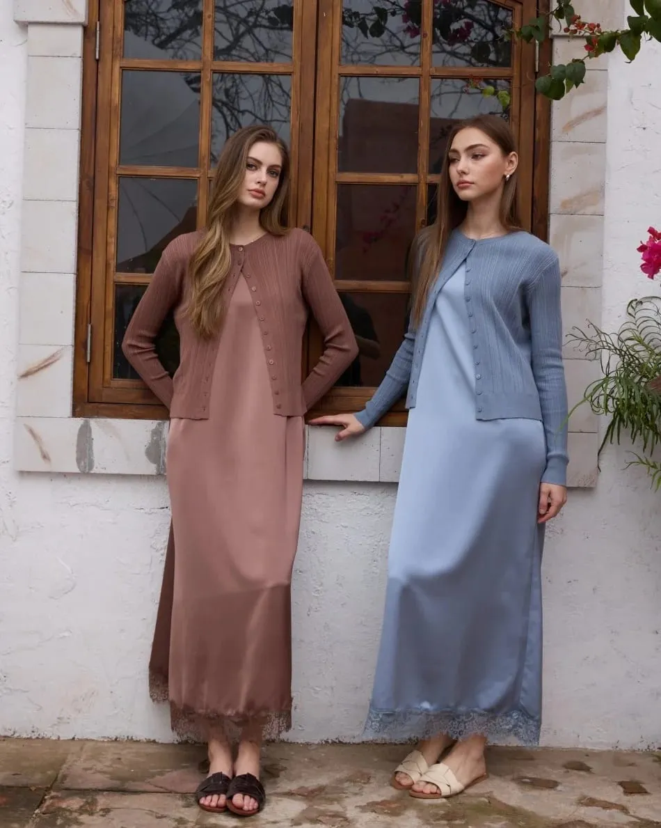 AS SS26 Lace slip satin dress + lace satin skirt +knitting vest + knitting cardigan collection woman dressy outfit — image 5
