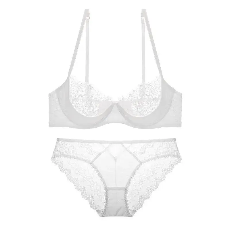 Conjunto de sutiã de renda transparente, plus size, meia xícara, ultra fino, minimizador, suporte de elevação, respirável, copo grande, conjunto de roupa íntima combinando — image 10