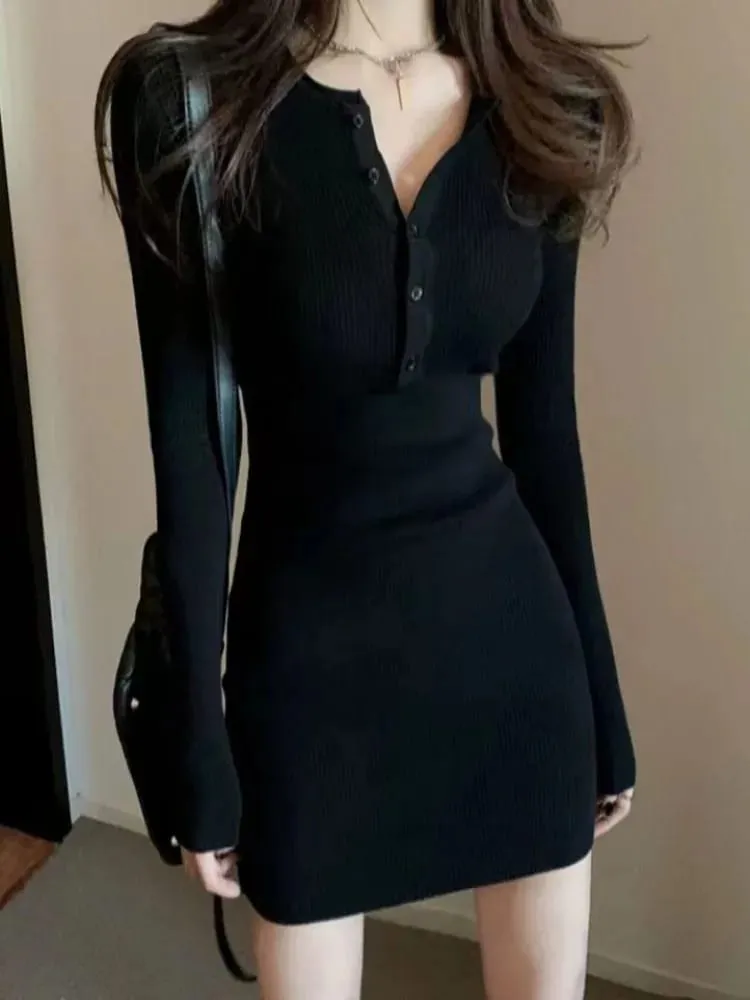 Outono inverno mini vestido feminino com decote em v botão sexy camisola elegante bodycon vestidos de manga longa robe saia curta cintura sólida — image 2