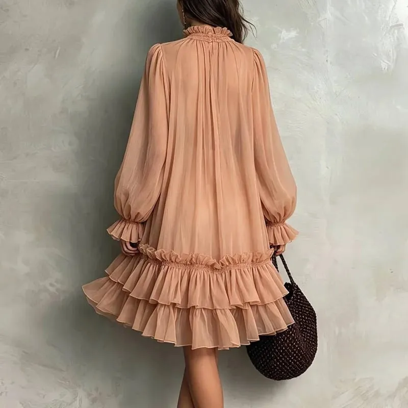 Boho Loose Swing Dress Ladies Ruffle O Neck Lantern Sleeve Multi‑Tiered Ruffle Hem Mini Dress Casual Beach Holiday Short Dresses — image 5