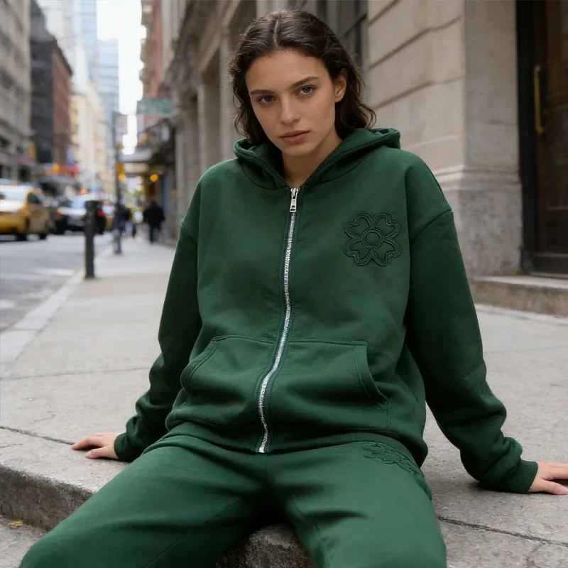 Olive Green Embroidered Zip Hoodie & Pants Set Men Streetwear Trendy Loose Casual 2-Piece Tracksuit New 2025 Fashion — image 6