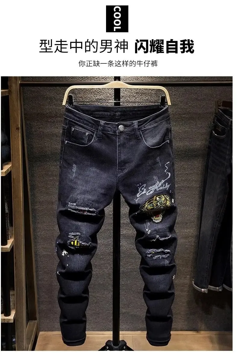New Ripped Jeans Patch Slim Tiger Head Embroidery Casual Versatile Cargo Pants Men Clothing Low Rise Designer Skinny Jeans Men — image 6
