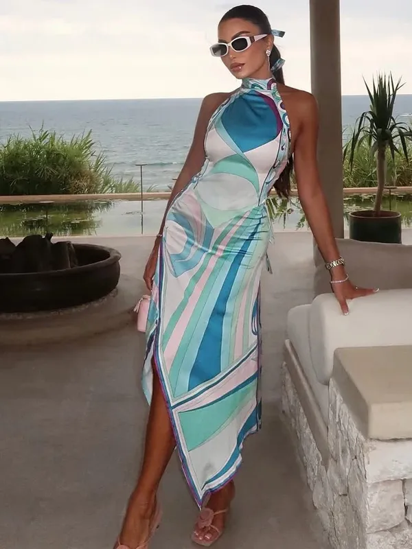 Senhora sexy impresso halter vestido sem mangas fora do ombro sem costas solto irregular chique robe 2026 feminino férias rua vestidos