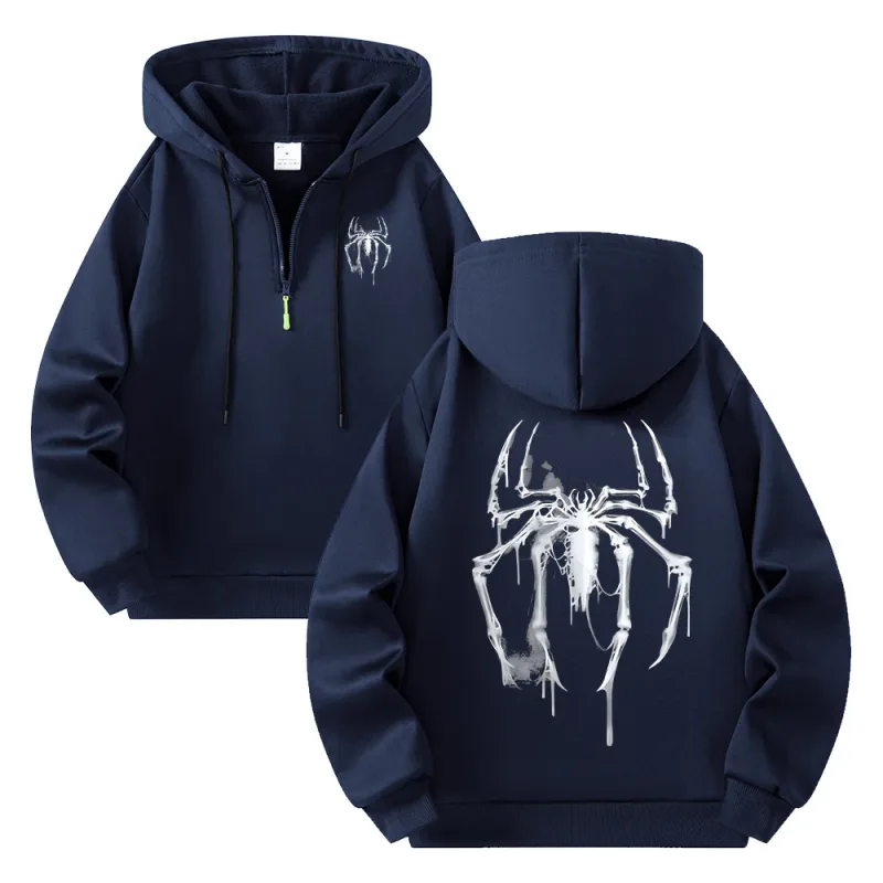 Men's Half Zip Hoodie With Personalized Spider Print Street Style Casual Sweatshirt Autumn And Winter Trendy Fitness Commute Top