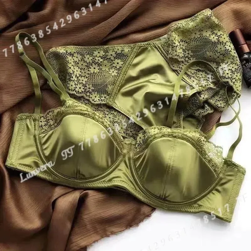Sexy Satin Half Cup Bra Set with Steel Ring Thin Comfortable Upper Support Green Lace Edge Glossy Lingerie for Women — image 1