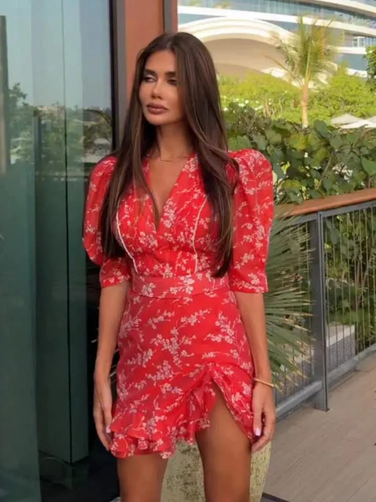 Women Red Floral Printed V-neck Short Sleeved Dress Puff Sleeve Waist Trim Ruffle Slit Hem Mini Dresses 2026 Summer Party Gowns — image 6