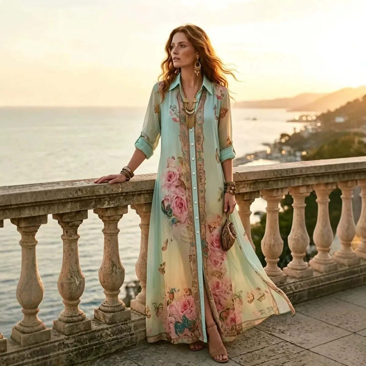 Boho Floral Print Shirt Dresses Women Turn-down Collar Single-breasted Loose Long Dress Summer Casual Beach Vacation Flowy Dress — image 3