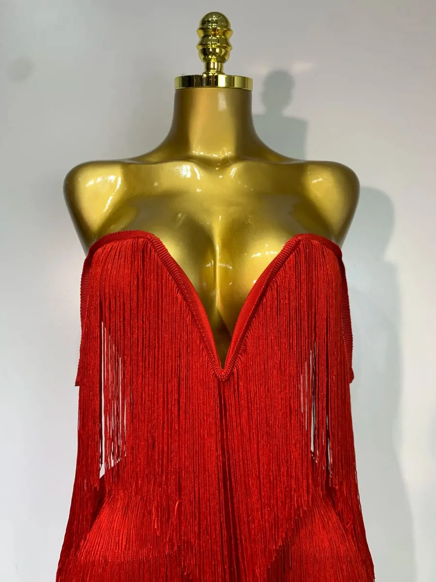 Women Sexy Strapless Tassel Off Shoulder Bandage Dress Fancy Club Celebrity Evening Party Mini Bodycon Dress Birthday Vestido — image 5