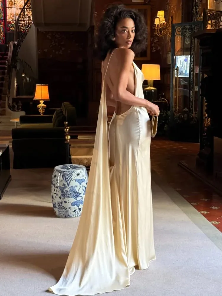 Elegant Satin Ribbon Backless Women's Long Dress Pleated V-neck Slit Beach Party Dresses 2026 Summer Lady Solid Evening Robes — image 4