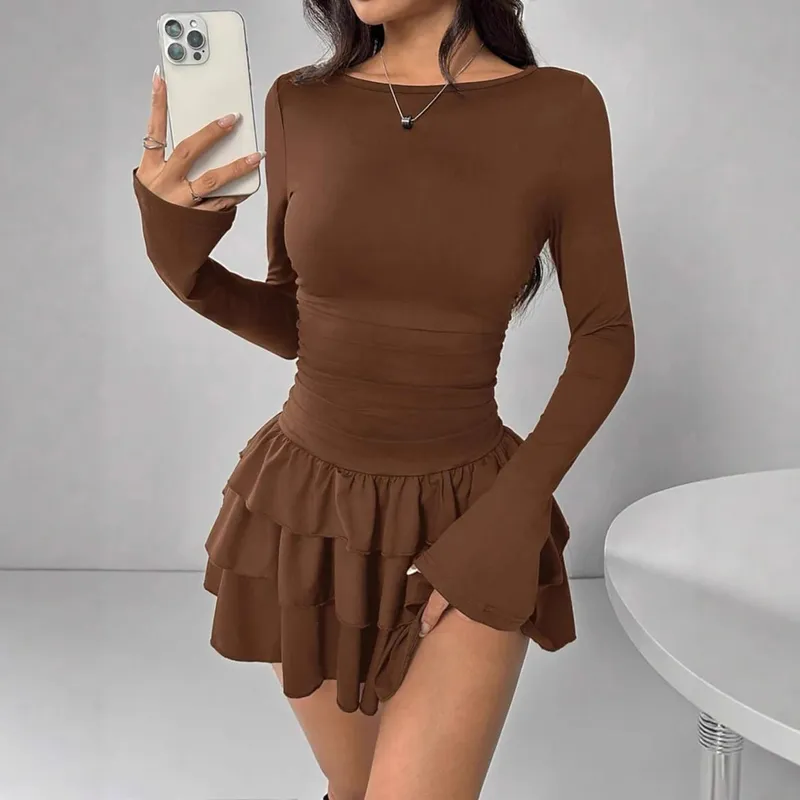 Temperament Dresses 2025 Woman Mini vestidos Simple Style Elegant French Bodycon Slim Pleated Fashion Long Sleeve Commuting Sexy — image 11