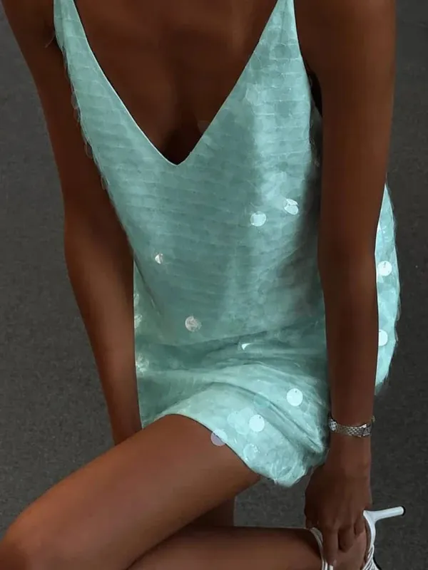 Sexy Women Sequin Lace Trim Mini Dress Chic V-neck Sleeveless High Waist Mini Sling Dresses Daily Summer Lady Vacation Robe New — image 8