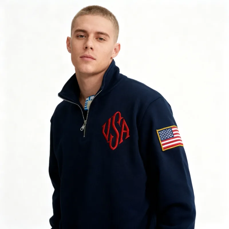 Vintage USA Flag Embroider Sweatshirts Navy Blue Quarter Zip Sweatshirt Fast delivery Streetwear High Street Y2k Fashion Hoodies — image 2