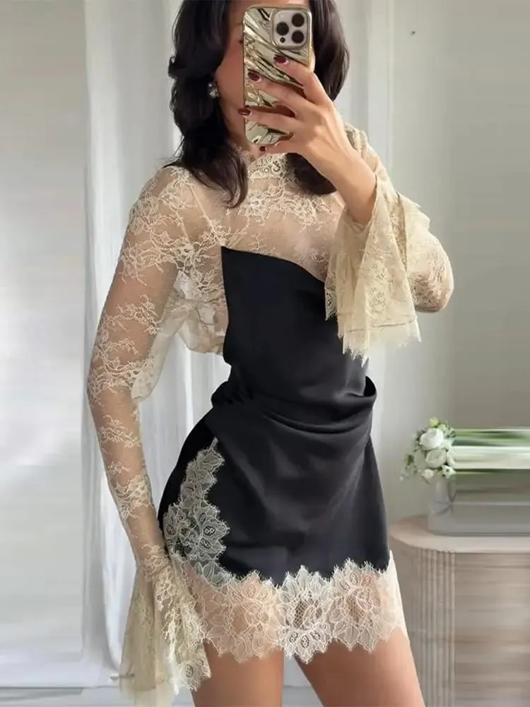 Elegant Women's Lace Trim Satin Dress High Neck Bell Sleeve Vintage Black Party Clubwear Chic Cocktail Mini Dresses Chic Outfit — image 7