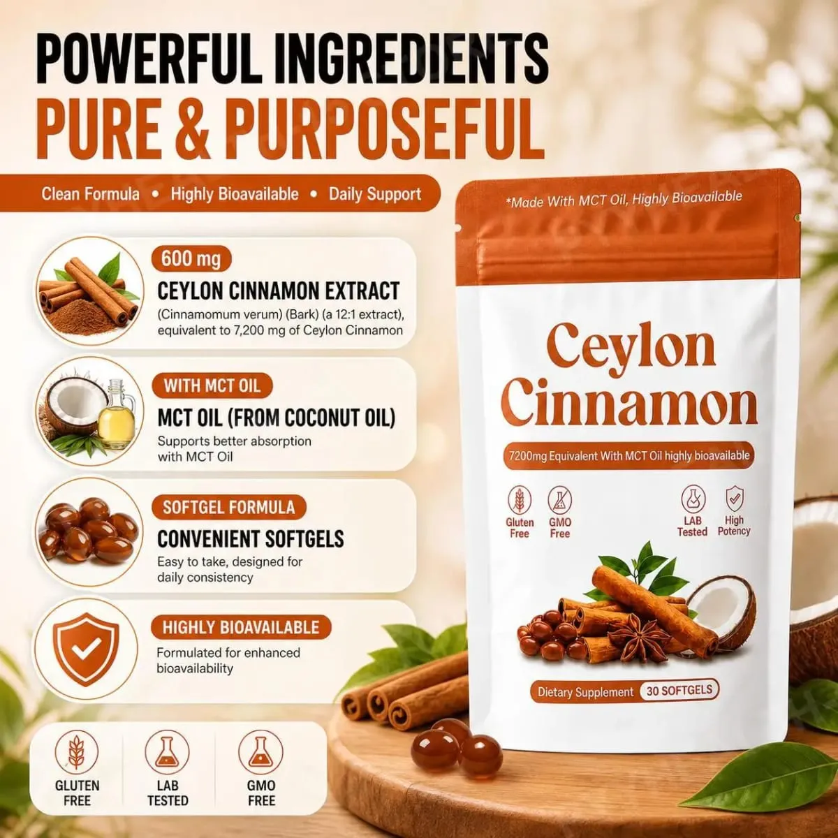 Ceylon Cinnamon Extract Softgels with MCT Oil Antioxidant Support and Metabolism Support Highly Bioavailable 30 Softgels — image 4